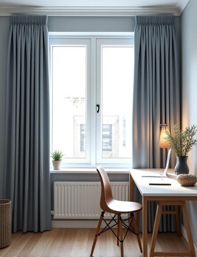 Mørkleggingsgardiner i et stilrent hjemmekontor