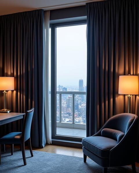 Skreddersydde gardiner i en hotellsuite