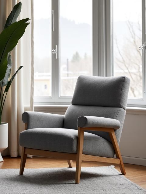Nylig tapetsert moderne stol i grått stoff