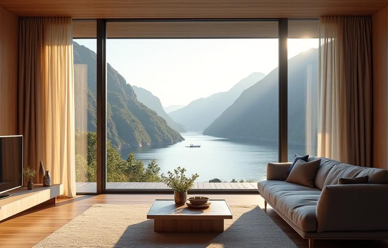 Moderne villa ved en norsk fjord med store vinduer og elegant interiør