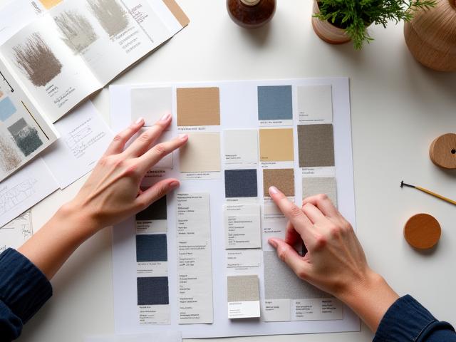 En interiørdesigner som peker på en moodboard med stoffprøver og fargepaletter