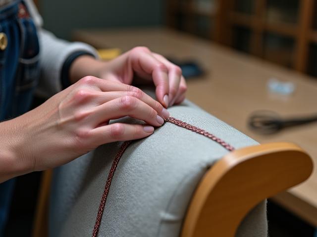 Detalj av en møbeltapetserer som arbeider med et stoff