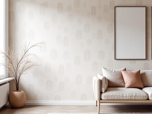 En vegg med et elegant tapet med botanisk mønster i nordisk stil